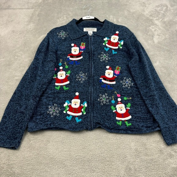 Tiara International Sweaters - VTG Tiara International Christmas Santa Sweater Women L Blue Ramie Full Zip